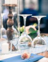 Wedding or event decoration table setup, summer time, outdoors photo