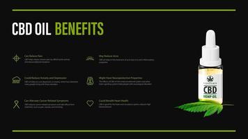 Benefits of use CBD oil, black poster design with infographic vector