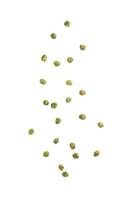 Salted green peas falling isolated on white background photo