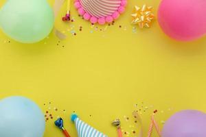 Happy birthday background, Flat lay colorful party decoration photo