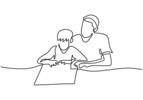 One continuous line drawing of father and son paint together vector