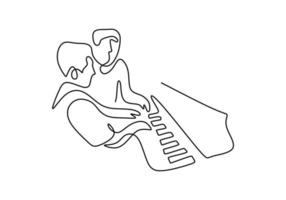 Continuous line drawing of young happy father playing piano vector