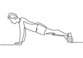 One continuous line drawing of young man training doing push ups vector