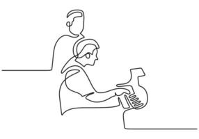 Continuous line drawing of young happy father playing piano vector