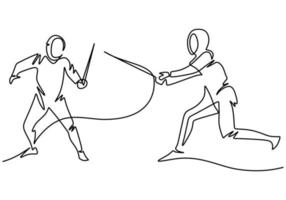 Continuous one line drawing of two man fencing athletes vector