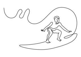 dibujo continuo de una línea de hombre enérgico haciendo surf en el agua vector