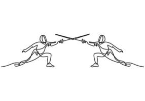 Continuous one line drawing of two man fencing athletes vector