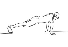 Un dibujo de línea continua del entrenamiento del joven haciendo flexiones. vector