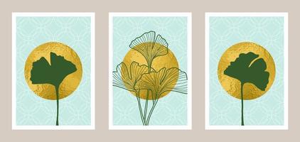 Natural abstract botanical art set with gold foil element vector