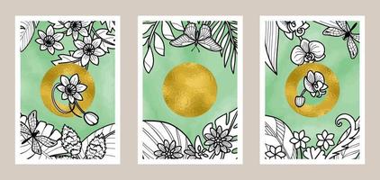 Abstract botanical art set with watercolor background and gold foil vector