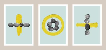 Stones and yellow paint strokes art set vector