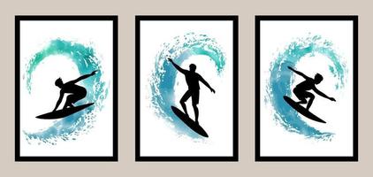 Surfing lineart set with watercolor elements. Vector illustration
