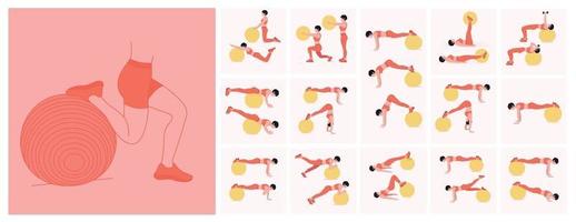 Fitness Ball workout set. woman doing Stability ball exercises. vector