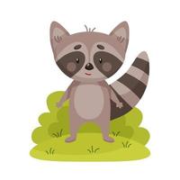 Cute cartoon gray raccoon standing on grass vector