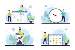 Time management concept. Big clock, sand clock, calendar, task board vector