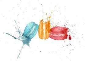 Three macarons with splashes, watercolor food illustration. vector