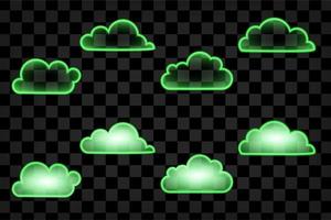 Set of isolated cloud with green neon effect illuminated editable vector