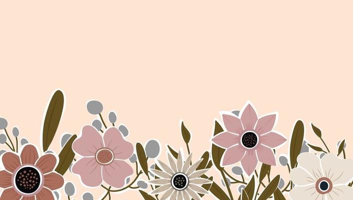 Horizontal backdrop decorated with blooming flowers and leaves border.