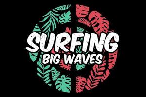 camiseta surf olas grandes hoja verde rojo vector