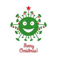 Merry Christmas. Cartoon coronavirus bacteria with red ornament vector