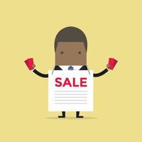 African businessman with sale ad and flyers. vector