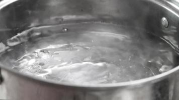 Boiling water in pot on electric stove in the kitchen. video