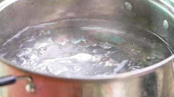 Agua hirviendo en una olla sobre estufa eléctrica en la cocina. video