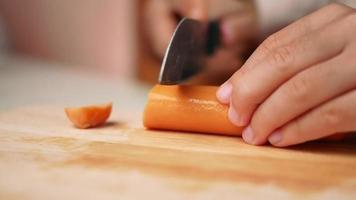 close-up de uma faca corta a salsicha em pequenos pedaços. video