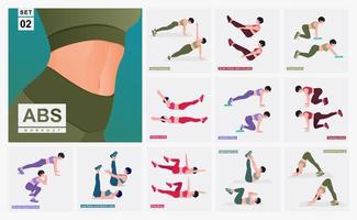 conjunto de ejercicios de abdominales. mujeres haciendo ejercicios de fitness y yoga. vector