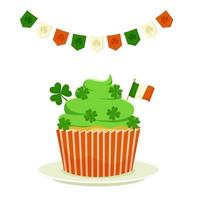 Cupcake with shamrock clover and the flag of Ireland. St.Patricks Day. vector