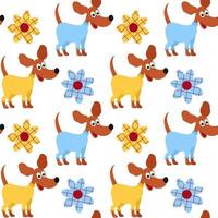 Dogs in colored overalls and flowers vector illustration