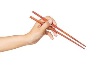hand holding chopsticks, isolated on white background photo