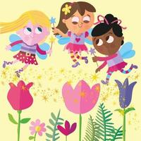 Three fairies flying around some flowers sprinkling fairy dust vector