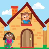 Two friends waving goodbye to each other in front of a house vector