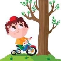 Boy riding a tricycle under a tree vector