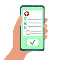 Hand holding smartphone with medicine document with check marks. vector