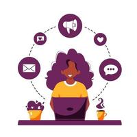 Black woman working on laptop. Working process, freelance vector