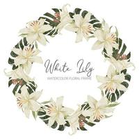 watercolor white lily flower wreath illustration with monstera vector