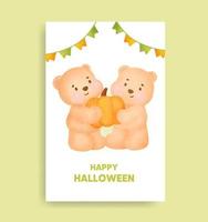 Watercolor halloween bear holding pumpkin card . vector