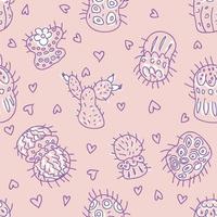 Doodle vector seamless pattern of cacti with hearts