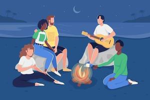 Gathering together around campfire flat color vector illustration