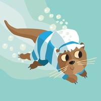 Otter in old bathing suit diving in the water with bubbles vector