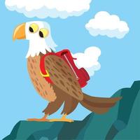 Cute eagle on a rocky outcrop with a backpack amongst the clouds vector