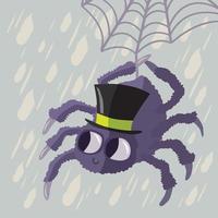 Araña con sombrero de copa tejiendo una telaraña bajo la lluvia vector
