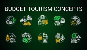 presupuesto, turismo, luz de neón, concepto, iconos, conjunto vector
