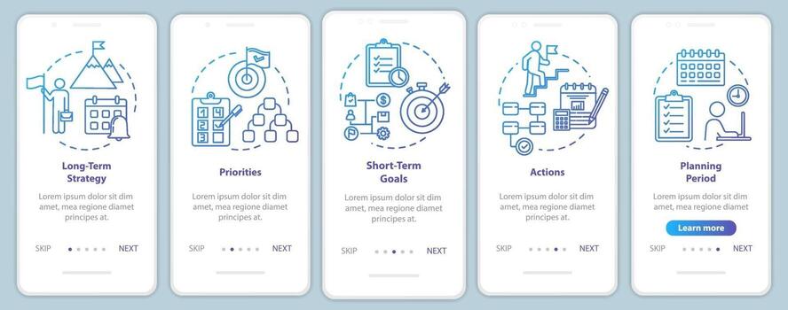 Time strategies onboarding mobile app page screen with concepts vector