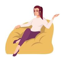 Upset woman on bag chair semi flat RGB color vector illustration