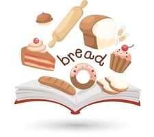 open book and icons of bread. Concept of education vector