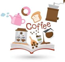 Open book and icons of coffee and tea. Concept of education vector