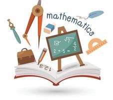 libro abierto e iconos de las matemáticas. concepto de educación vector